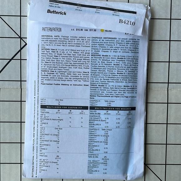 Butterick B4210 Making History pattern, historical/period hat patterns, c2008 - Picture 3 of 6